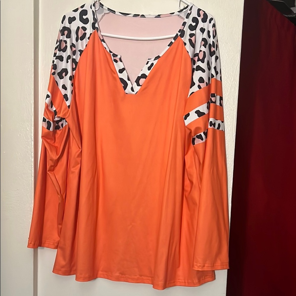 Asymmetrical Orange Long Sleeve Blouse with Black Accents